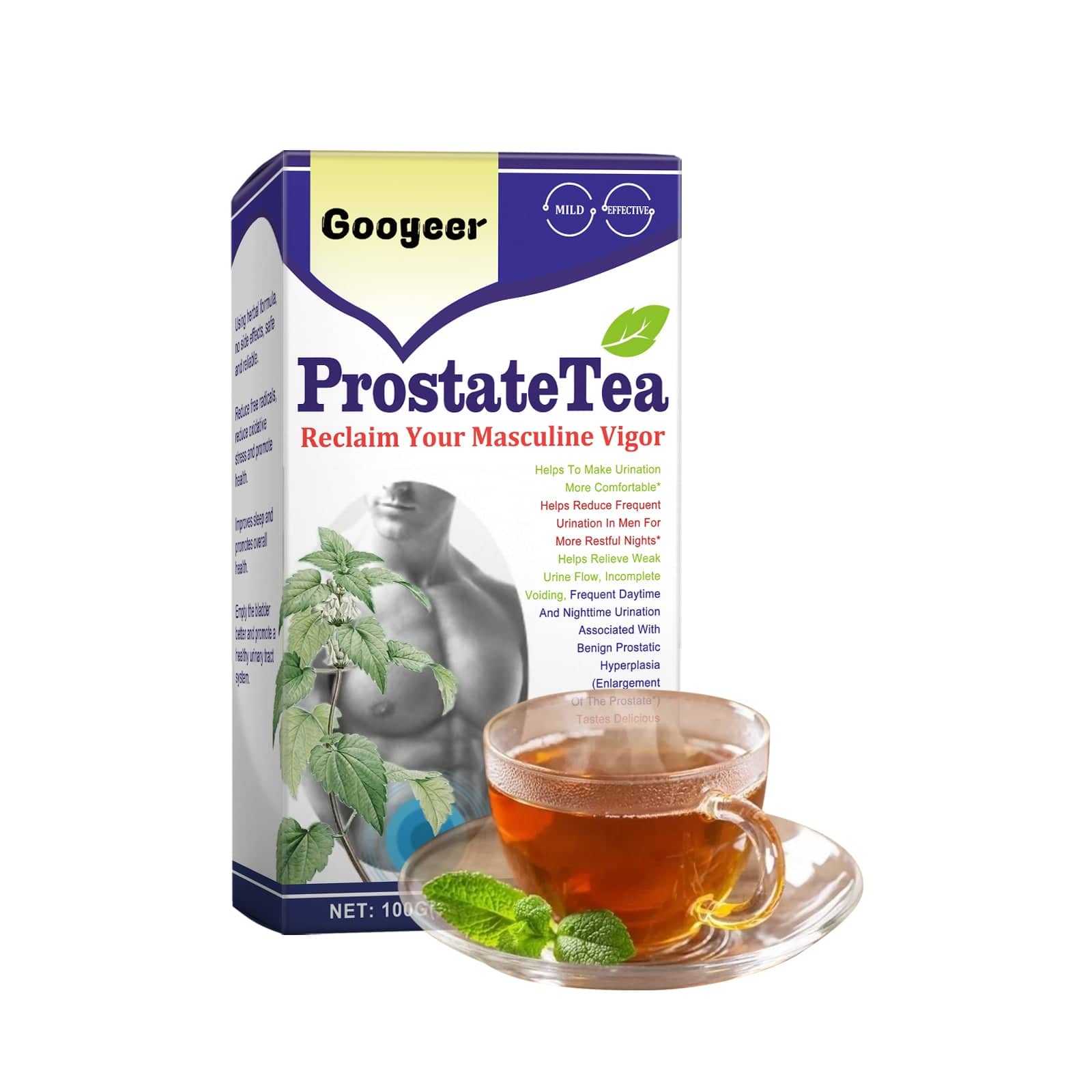 eprolo Googeer Prostate Tea Body Treatment packaging with tea leaves and herbal ingredients in a natural setting