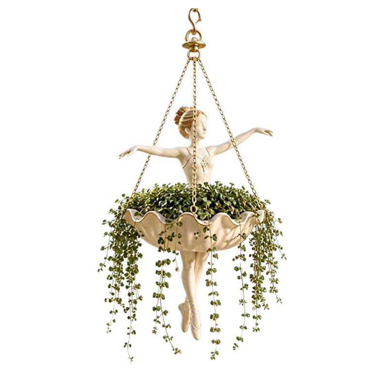Eprolo resin hanging planter with elegant ballerina design, hand-carved details, UV-resistant outdoor flower pot for balcony or garden.