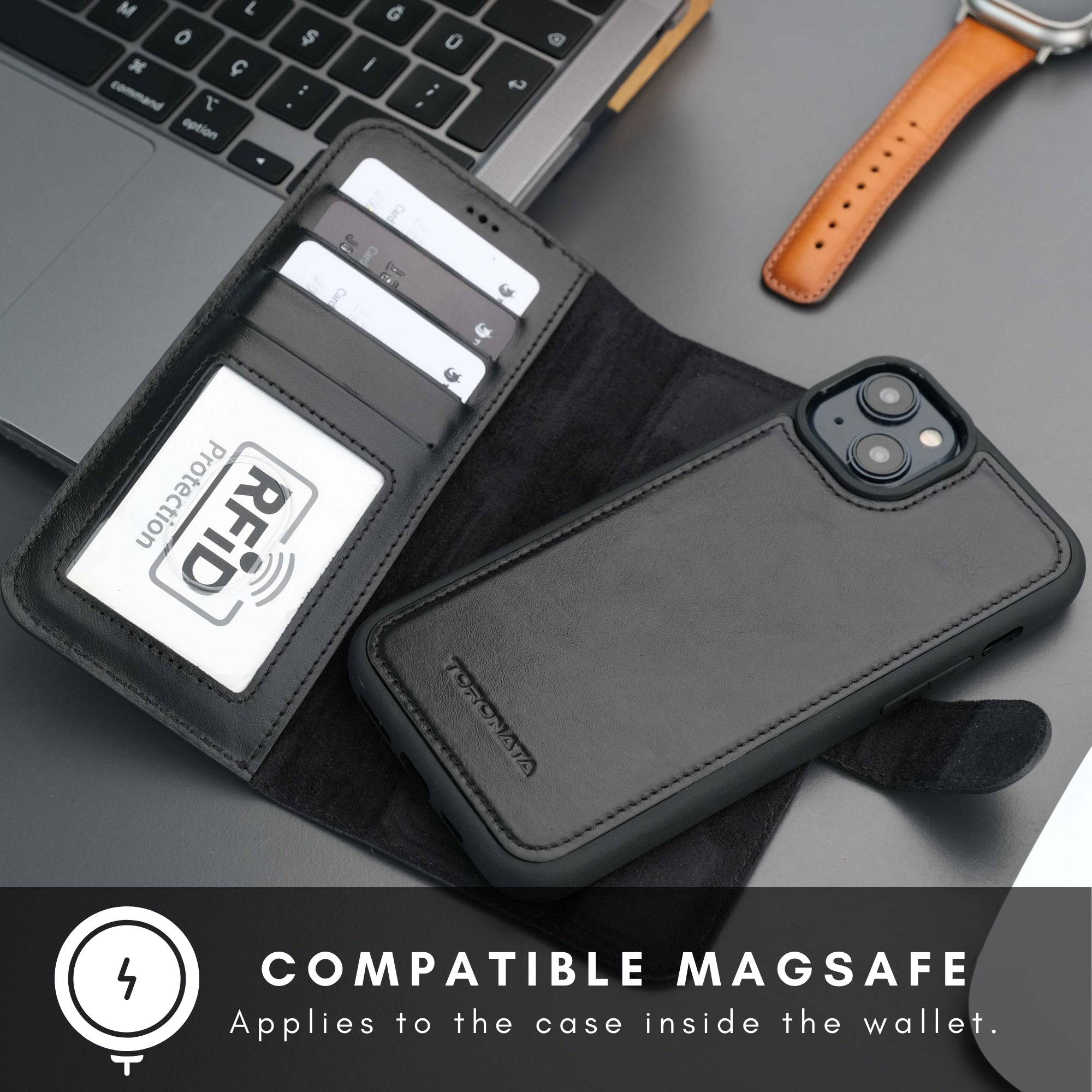 TORONATA Casper Leather iPhone 14 Plus Wallet Case with MagSafe, featuring durable leather and card slots for convenient phone protection.