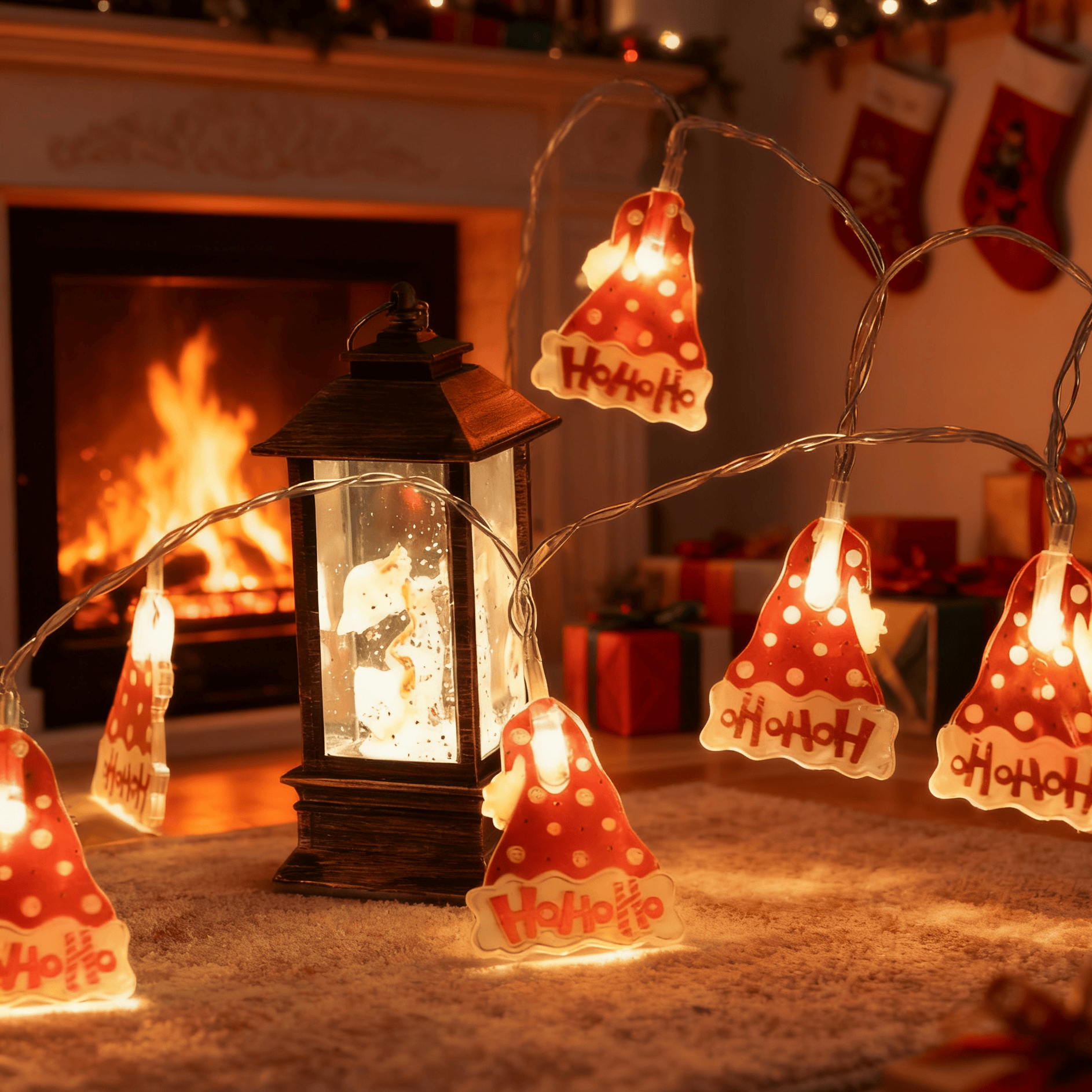Colorful Christmas hats, festive Christmas lights, and LED string lights from eprolo displayed in a holiday scene.