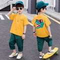 Eprolo boys' short sleeve T-shirt and shorts set featuring colorful cartoon sports design, perfect for children's casual wear.