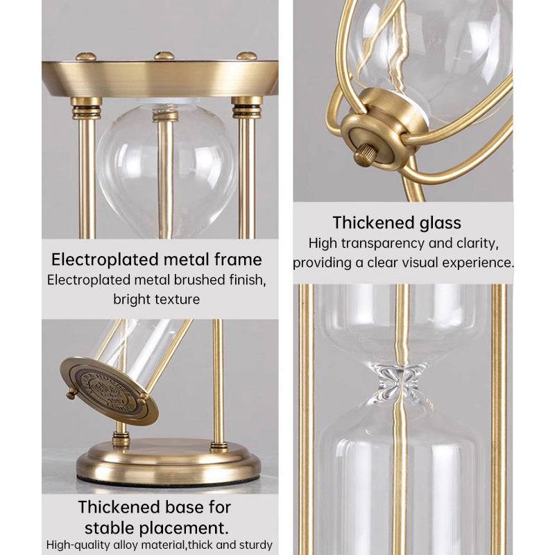 Vintage metal hourglass sand clock by eprolo, showcasing a retro desk decor with flowing sand inside a metal frame.