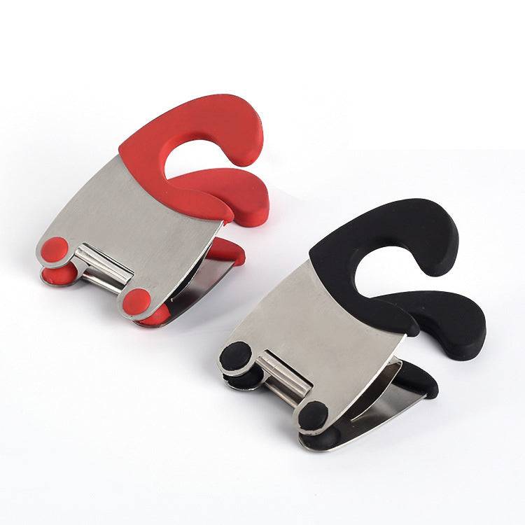 Eprolo stainless steel pot clips and spoon clips for kitchen gadgets, shown holding utensils on a cookware surface.