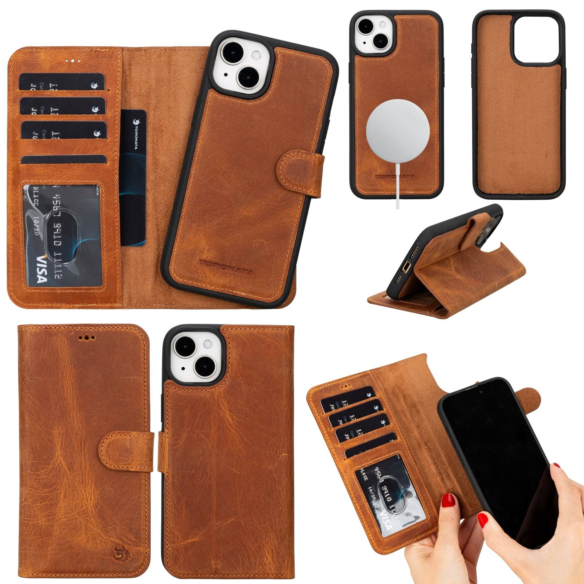 TORONATA Casper Leather iPhone 14 Plus Wallet Case with MagSafe, featuring a sleek leather design and card slots for convenience.