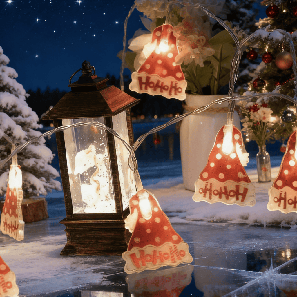 Colorful Christmas hats, LED light strings, and Christmas lights from eprolo, arranged together for holiday decorations.