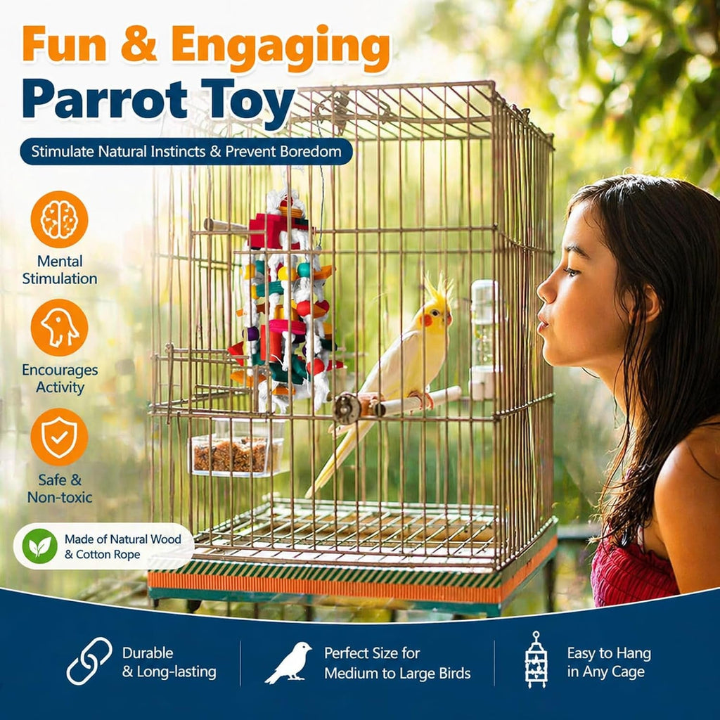 Bird Chewing Toy for Small & Medium Parrots, Wood Blocks & Rope