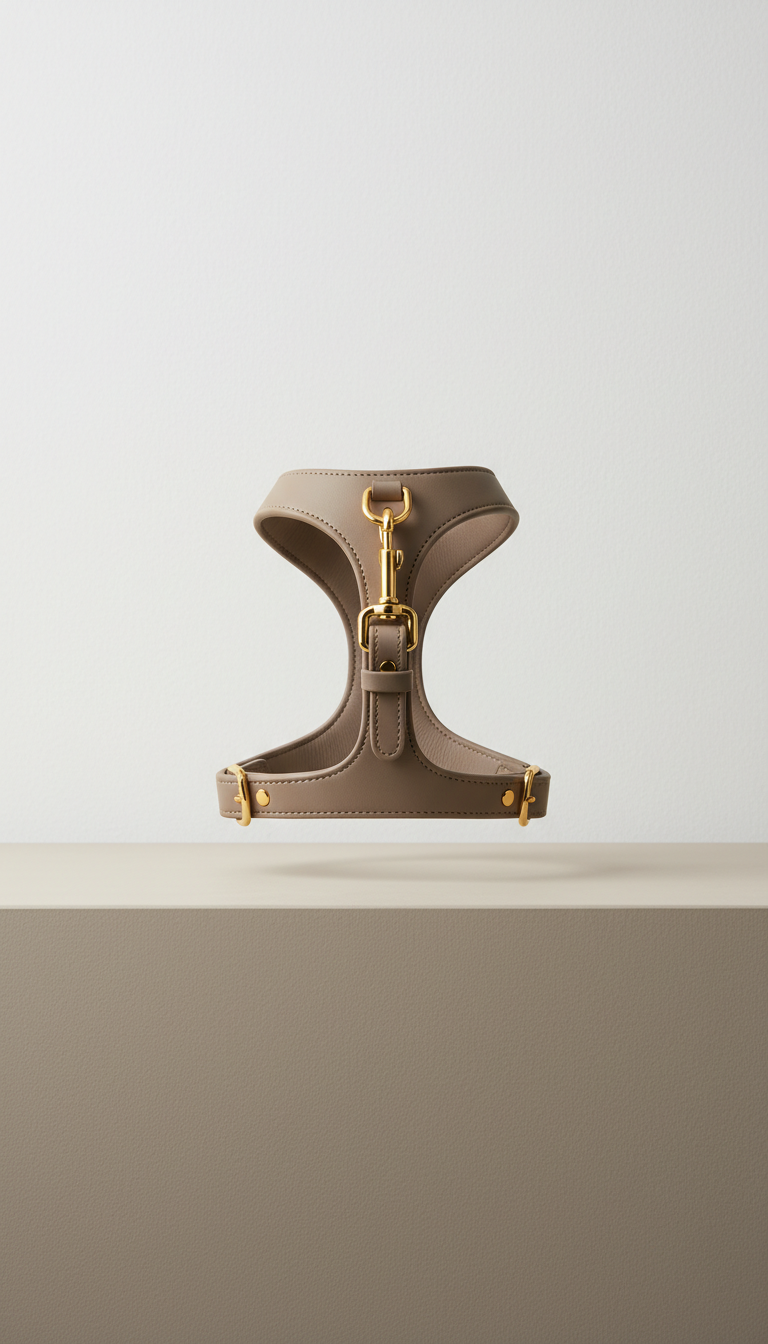 Taupe leather Luxe pet harness with gold-plated clasps by Snap Lux Co, designed for comfort and style.