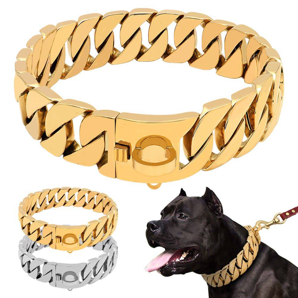 Gold 32mm stainless steel dog collar featuring a sturdy chain design for large breeds like Doberman and Bulldog.