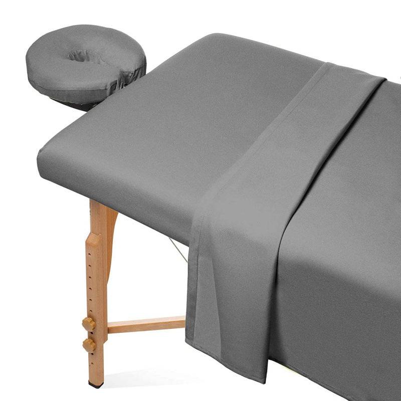 eprolo 3-piece massage table sheet set in solid color, washable and durable, shown on a massage table with neatly arranged sheets