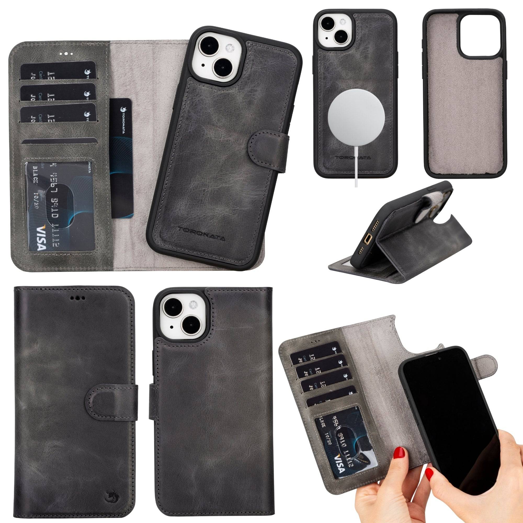 TORONATA Casper Leather iPhone 14 Plus Wallet Case with MagSafe, showcasing its sleek brown leather design and card slots.