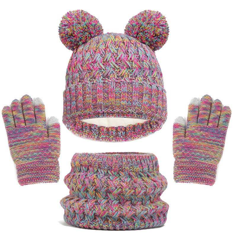 Eprolo children's winter hat, scarf, and gloves set with plush, thickened double ball design for autumn and winter warmth.