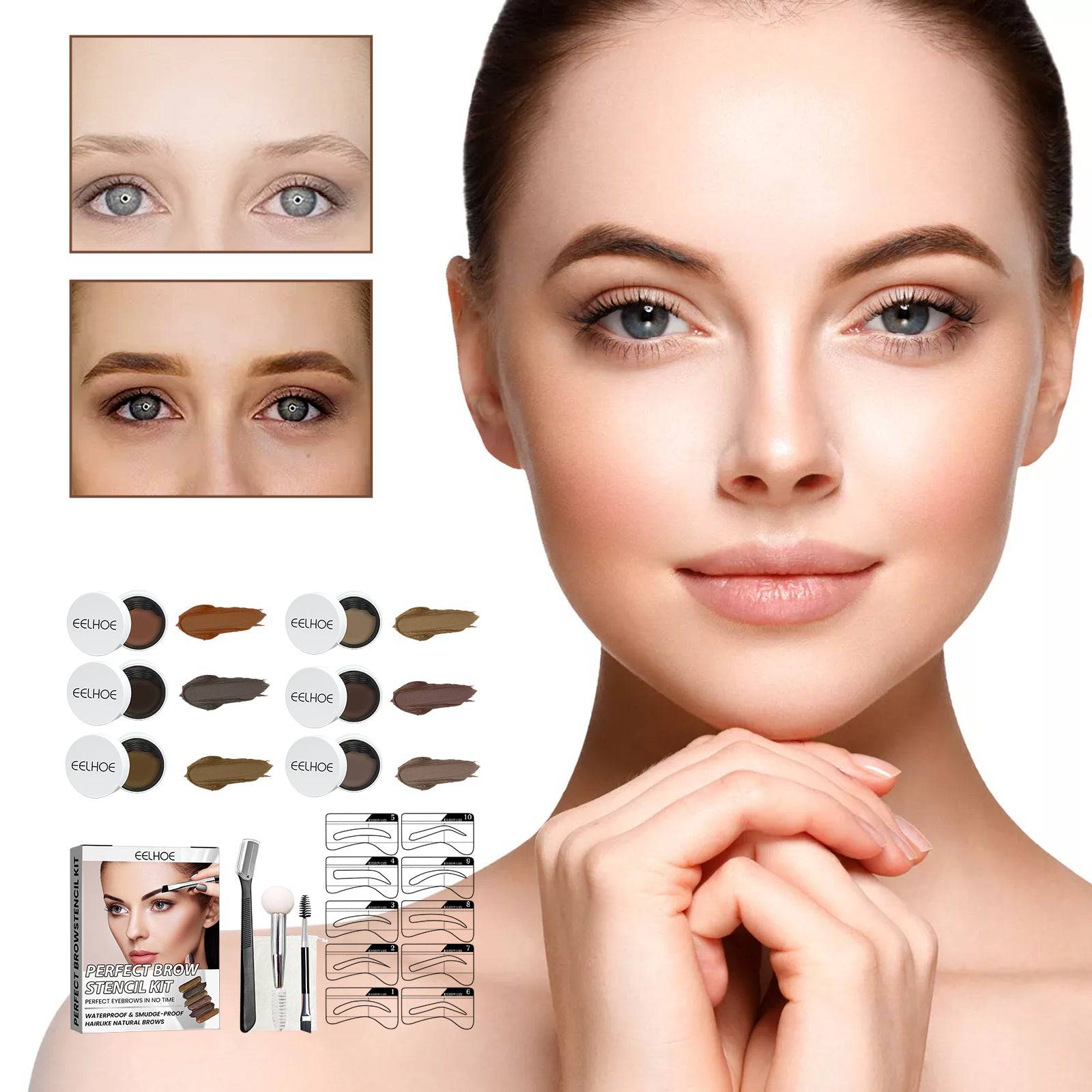 EELHOE Perfect Brow Stencil Kit by eprolo with waterproof, smooth, easy-to-use eyebrow cream and natural three-dimensional brow design