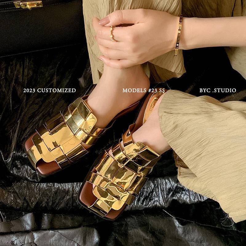 Golden Roman Pig Cage Cold Slippers for women featuring woven hollow head design and flat bottom for summer comfort.
