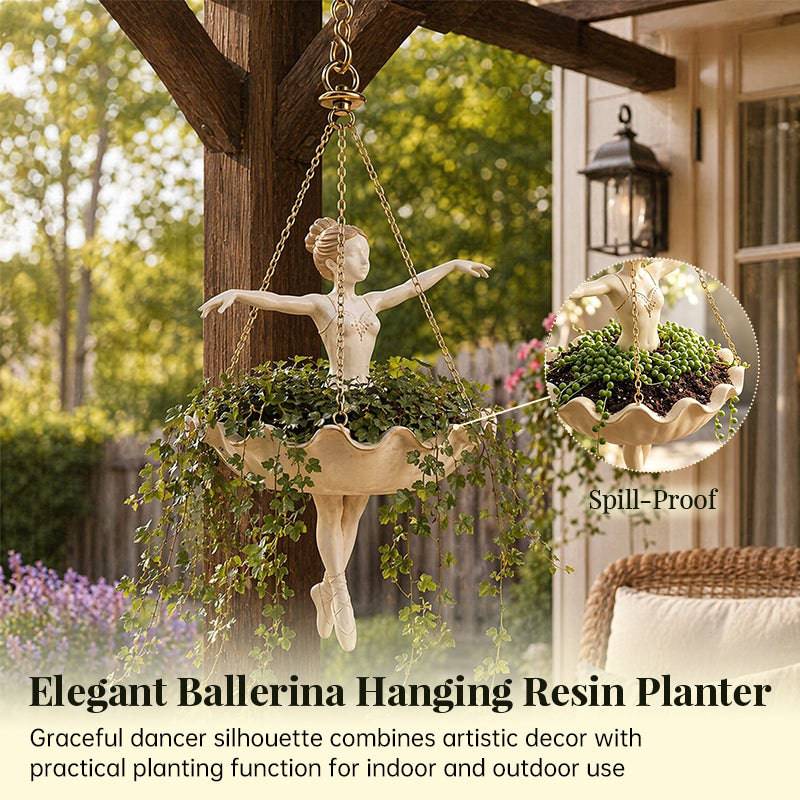 Eprolo resin hanging planter with elegant ballerina design, hand-carved details, UV-resistant outdoor flower pot hanging from a hook