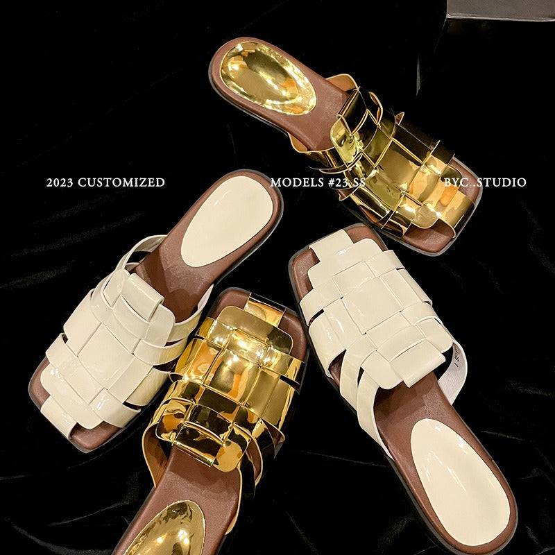 Eprolo Golden Roman Pig Cage cold slippers for women, flat bottom woven hollow head half slippers, summer footwear.