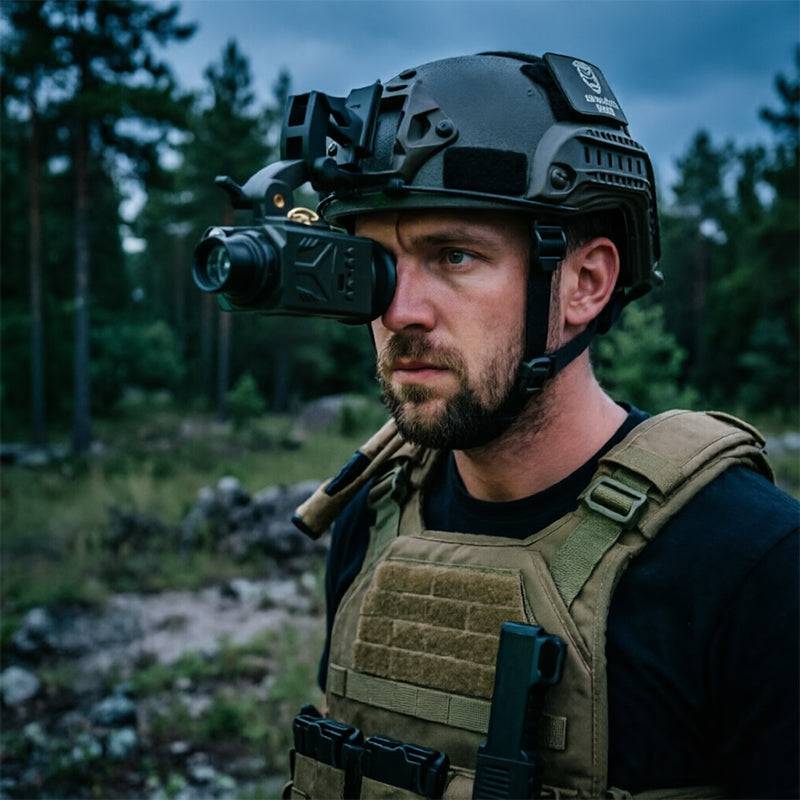 Eprolo wearable night vision goggles showing a user wearing compact portable hunting optics with infrared capabilities