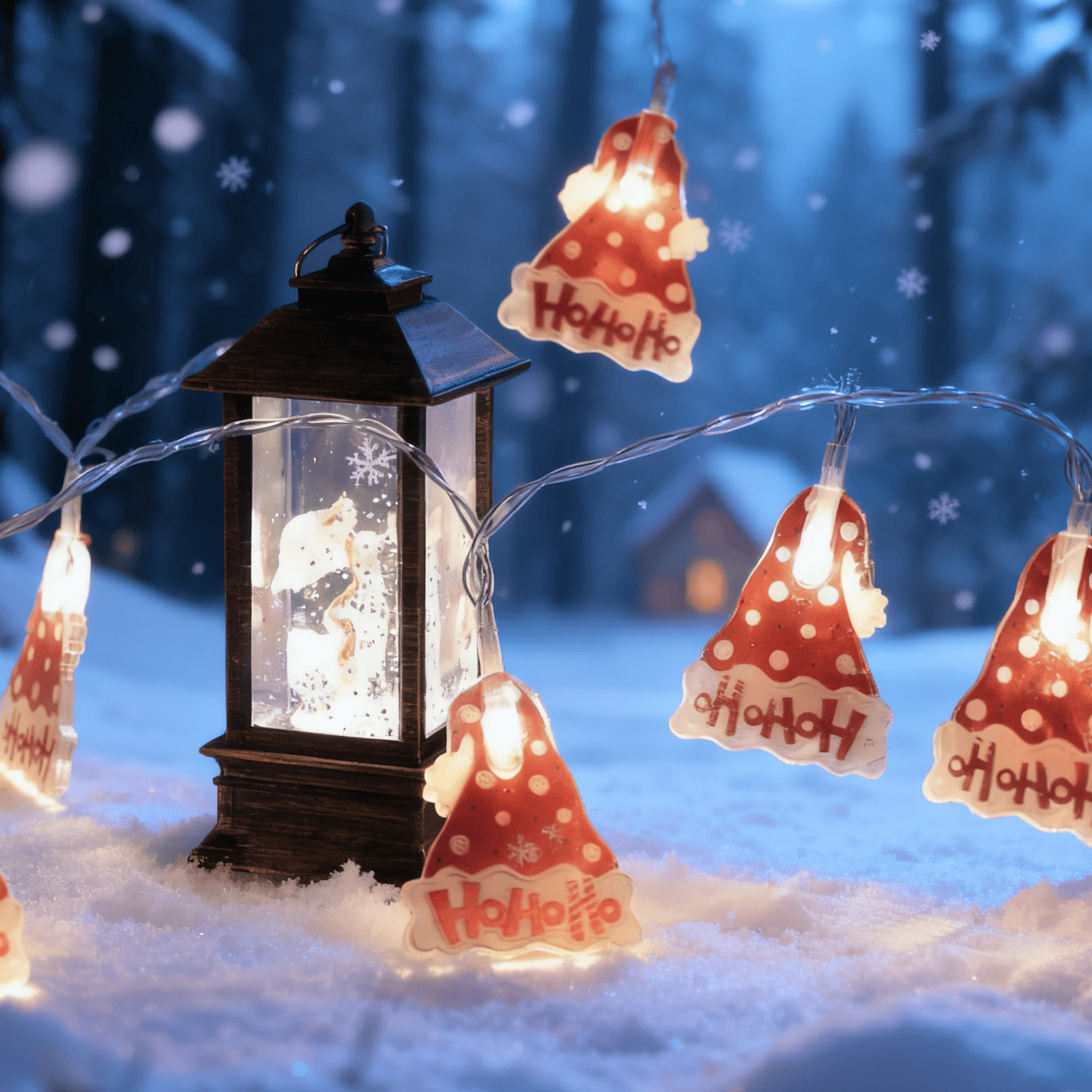 Colorful Christmas hats, festive Christmas lights, and LED light strings from eprolo displayed on a holiday-themed setup.
