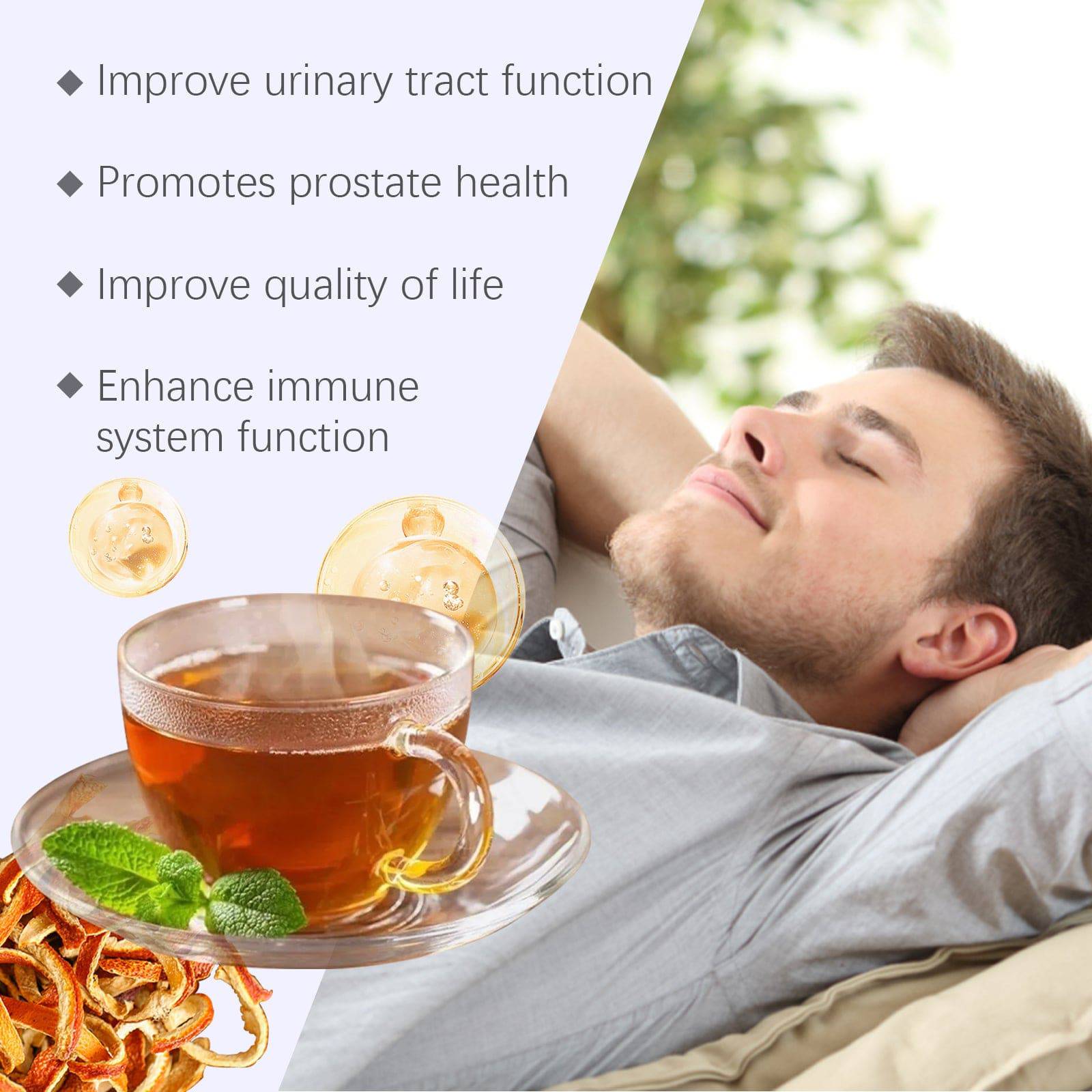 Eprolo Googeer Prostate Tea body treatment in a clear glass cup with tea, showcasing the herbal infusion for prostate health.