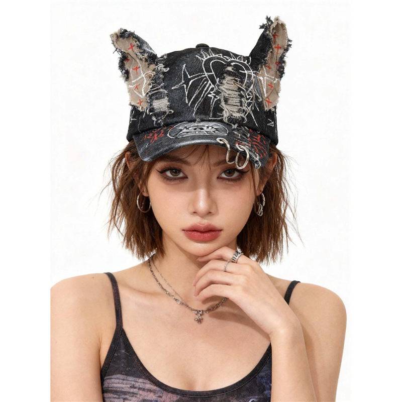 Doodle Doberman 3D ears baseball cap by eprolo featuring star embroidery, snapback style, Japanese streetwear gothic punk design.