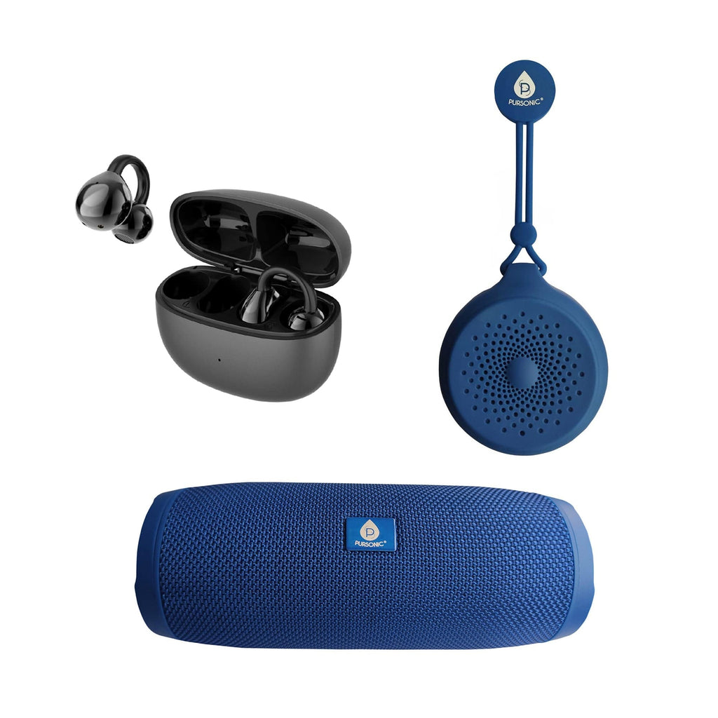 Pursonic Total Audio Freedom Collection featuring wireless earbuds, 360° speaker, and waterproof suction speaker in black.