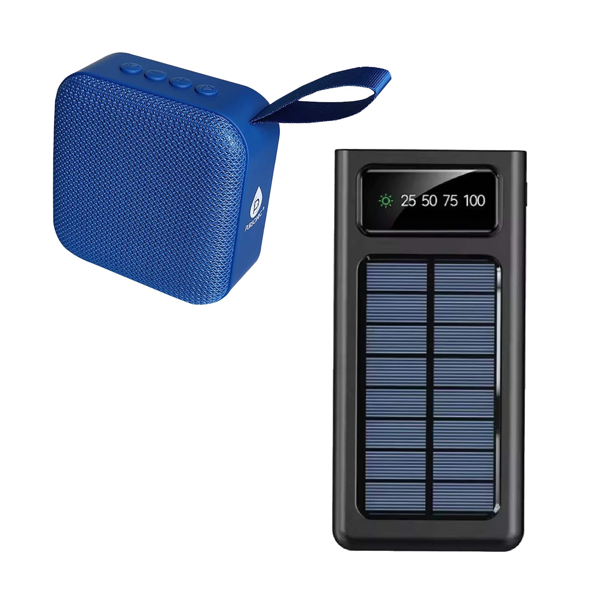 Pursonic Adventure Power & Sound Bundle featuring a portable solar power bank and a 360° wireless speaker in black.