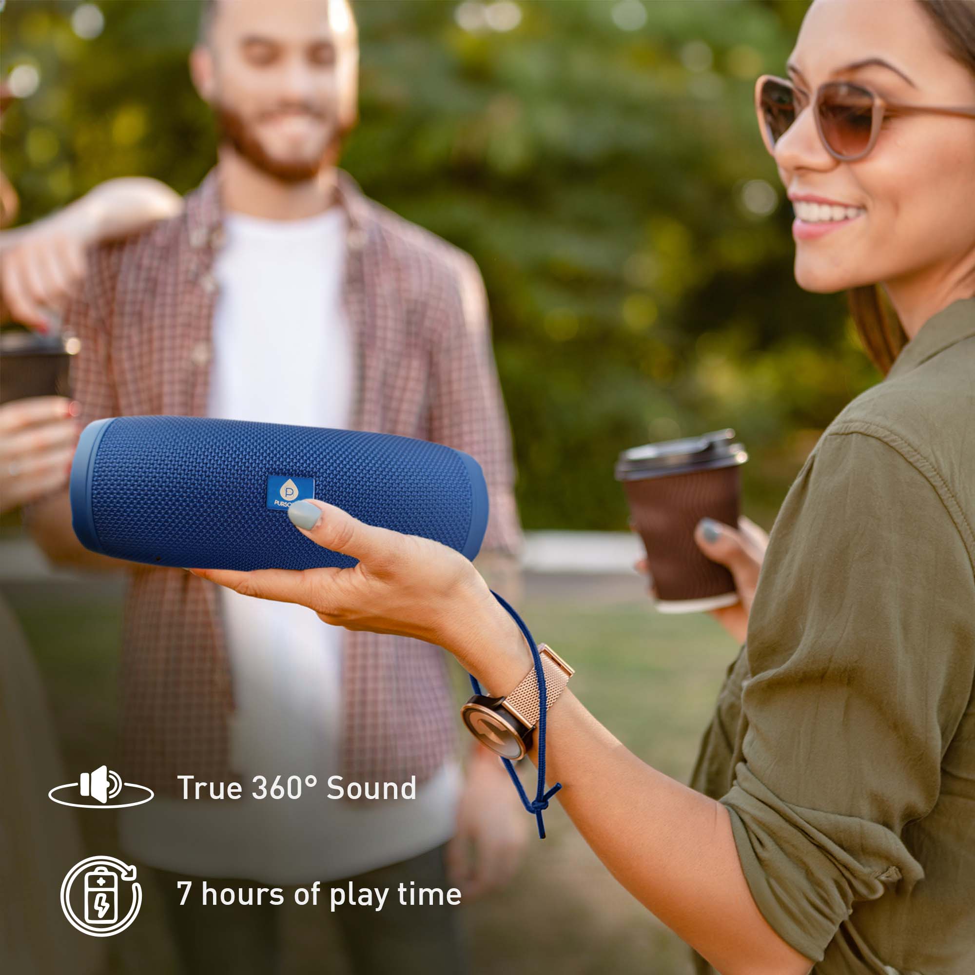 Pursonic waterproof wireless speaker with 360° hi-res sound, shown in a compact, portable design ideal for outdoor use