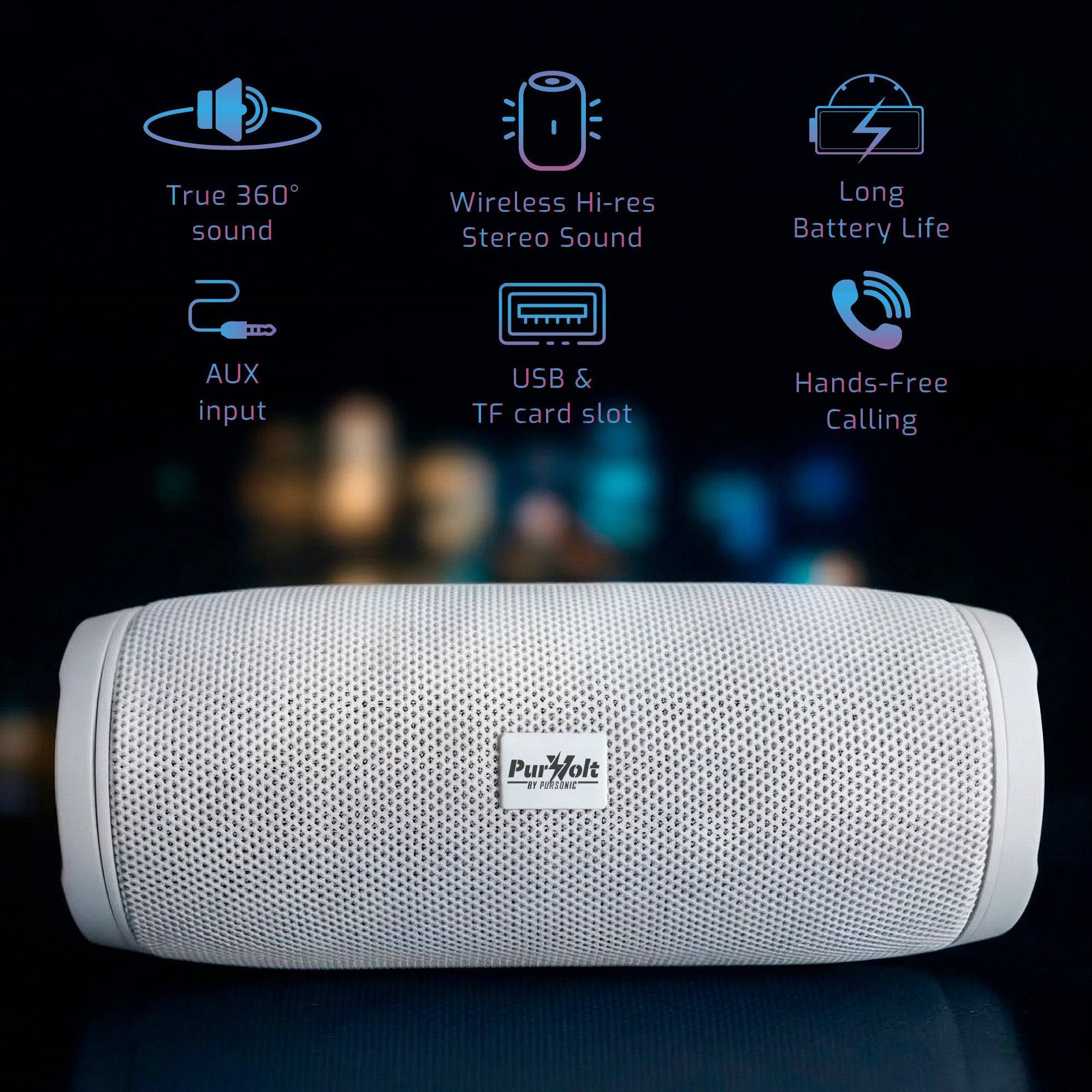 Pursonic Power Player wireless speaker in white, compact design with control buttons and Bluetooth connectivity.