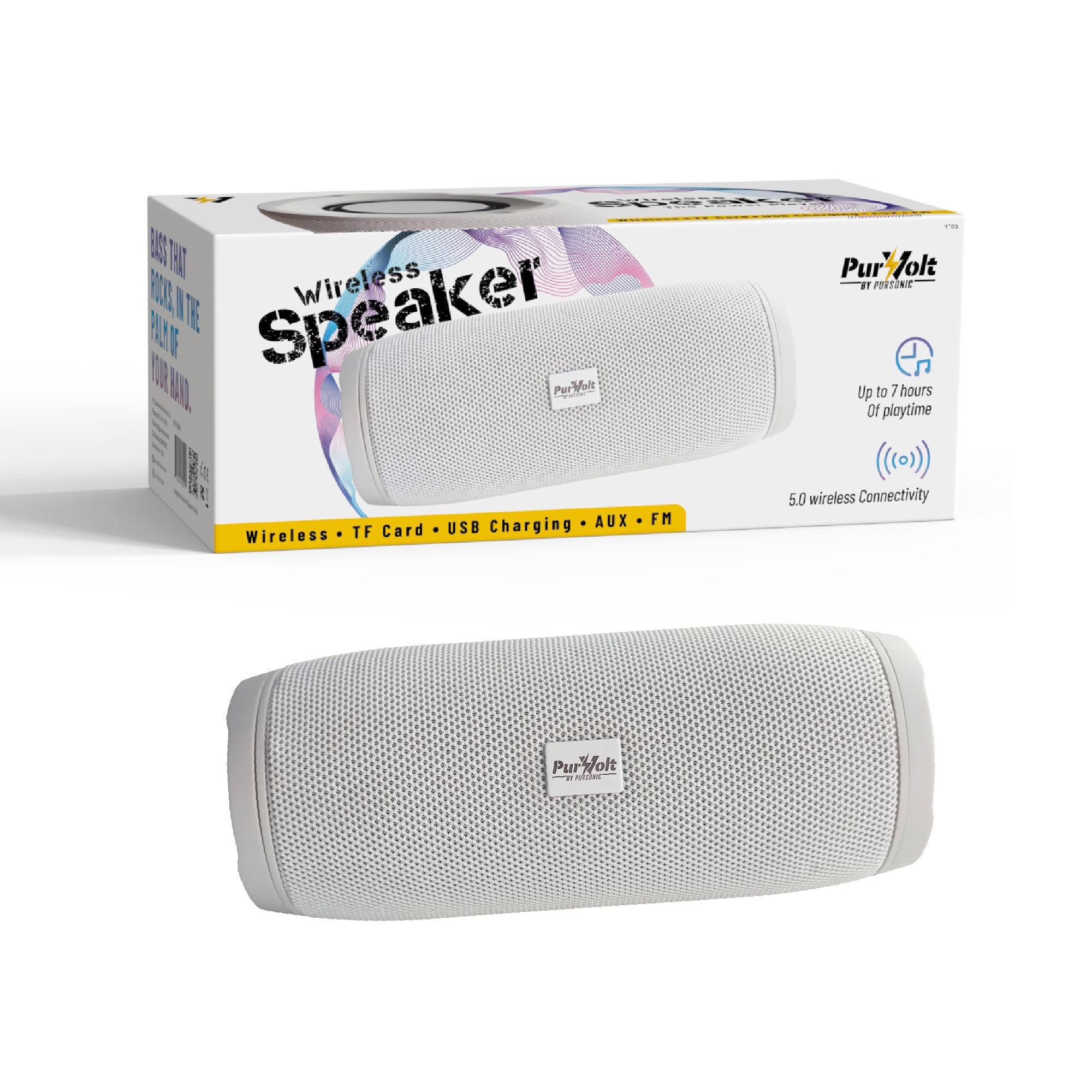 Wireless Pursonic Power Player speaker in white shown with sleek design and control buttons on the front.