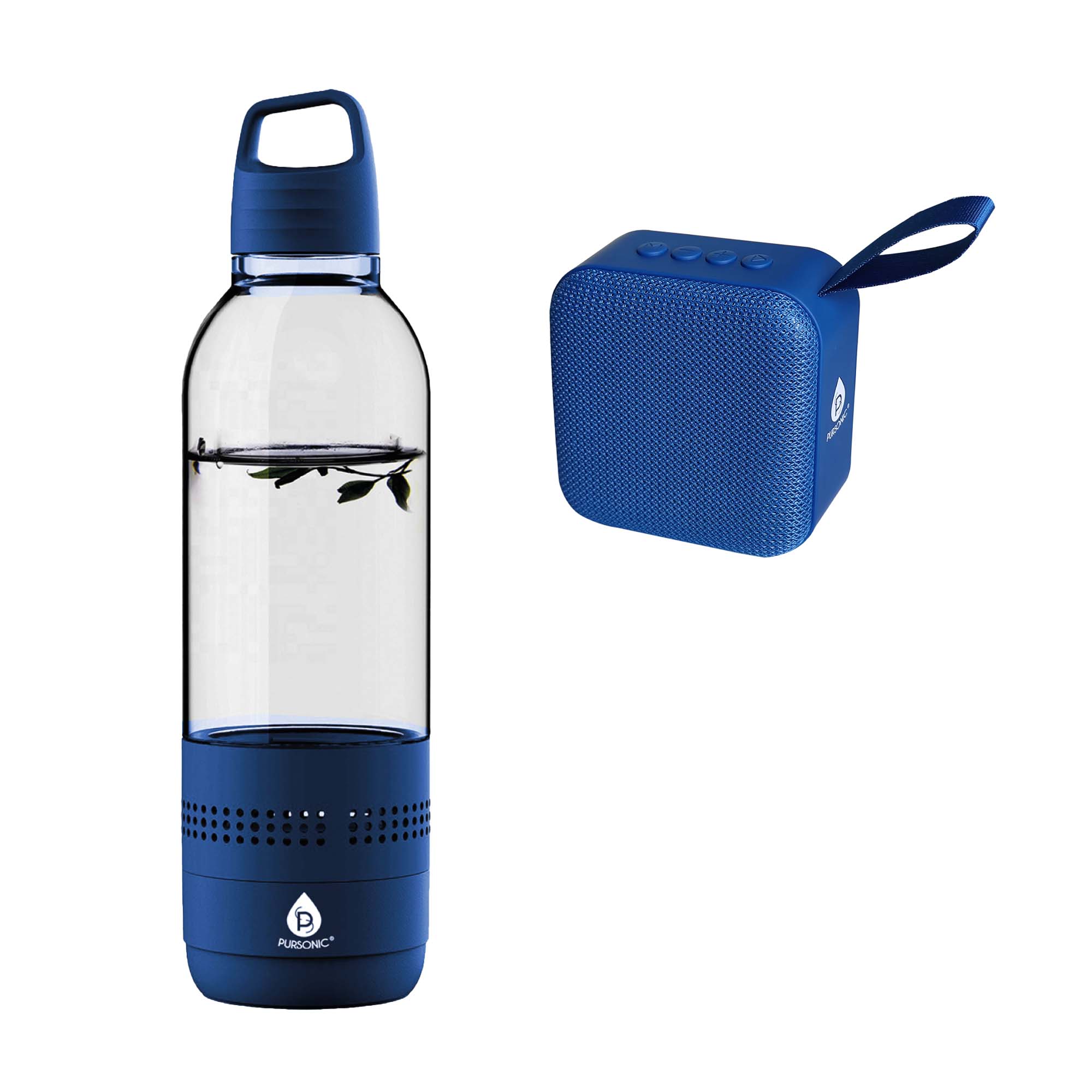 Pursonic wireless speaker and hydration bundle with a portable water bottle and built-in sound system for on-the-go use.