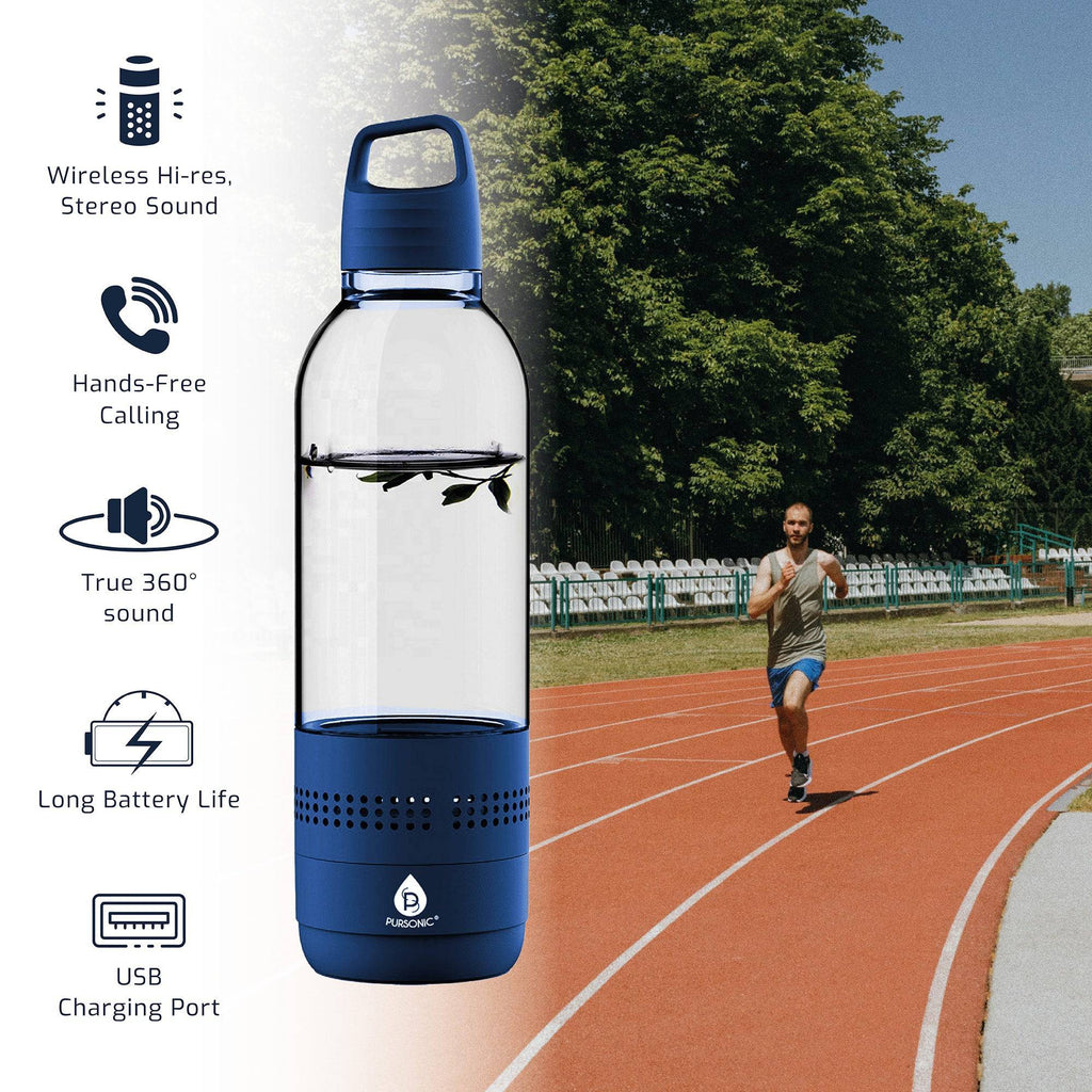 Pursonic 2-in-1 water bottle with built-in wireless speaker, clear view of the sleek bottle design and speaker controls.