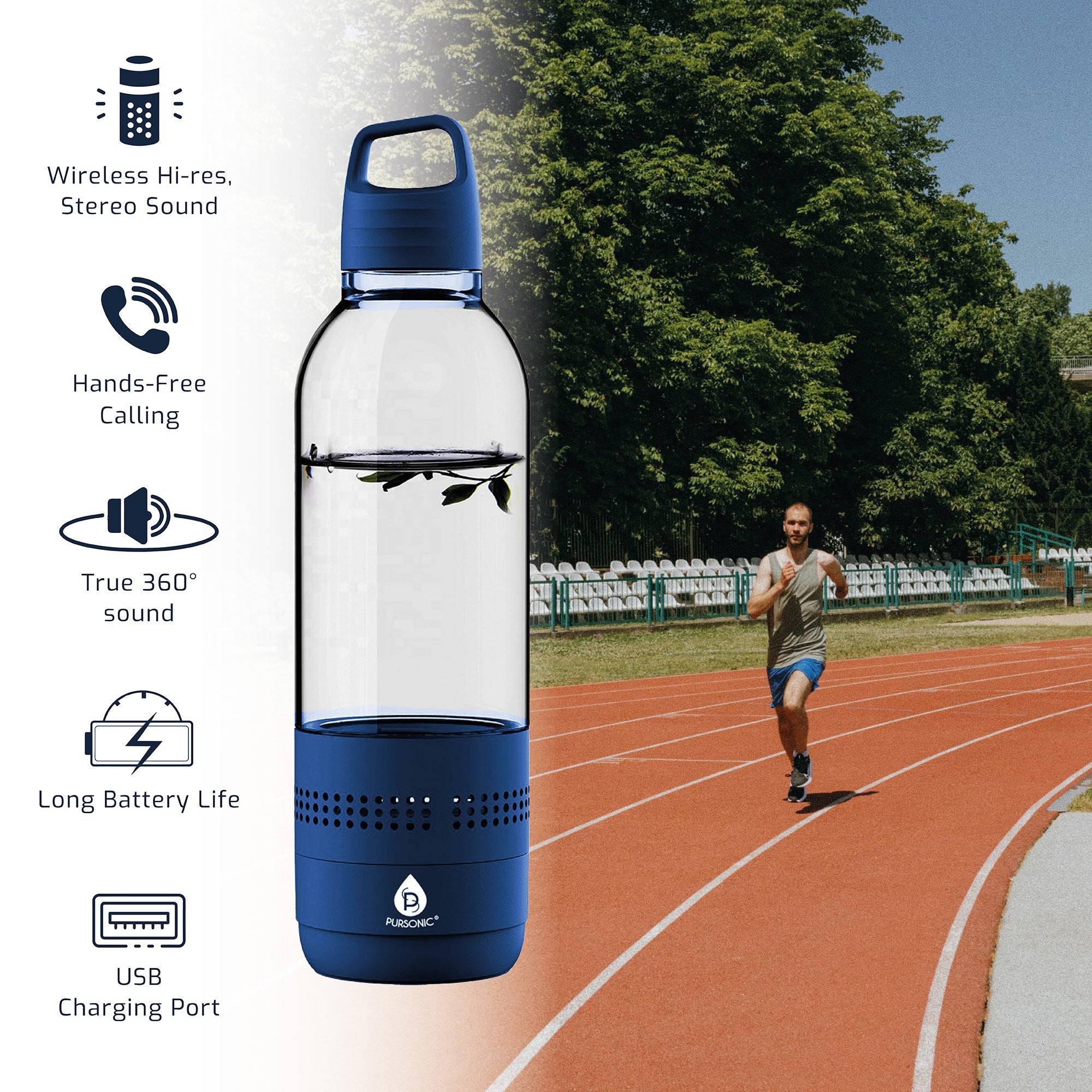 Pursonic 2-in-1 water bottle with built-in wireless speaker, clear view of the sleek bottle design and speaker controls.