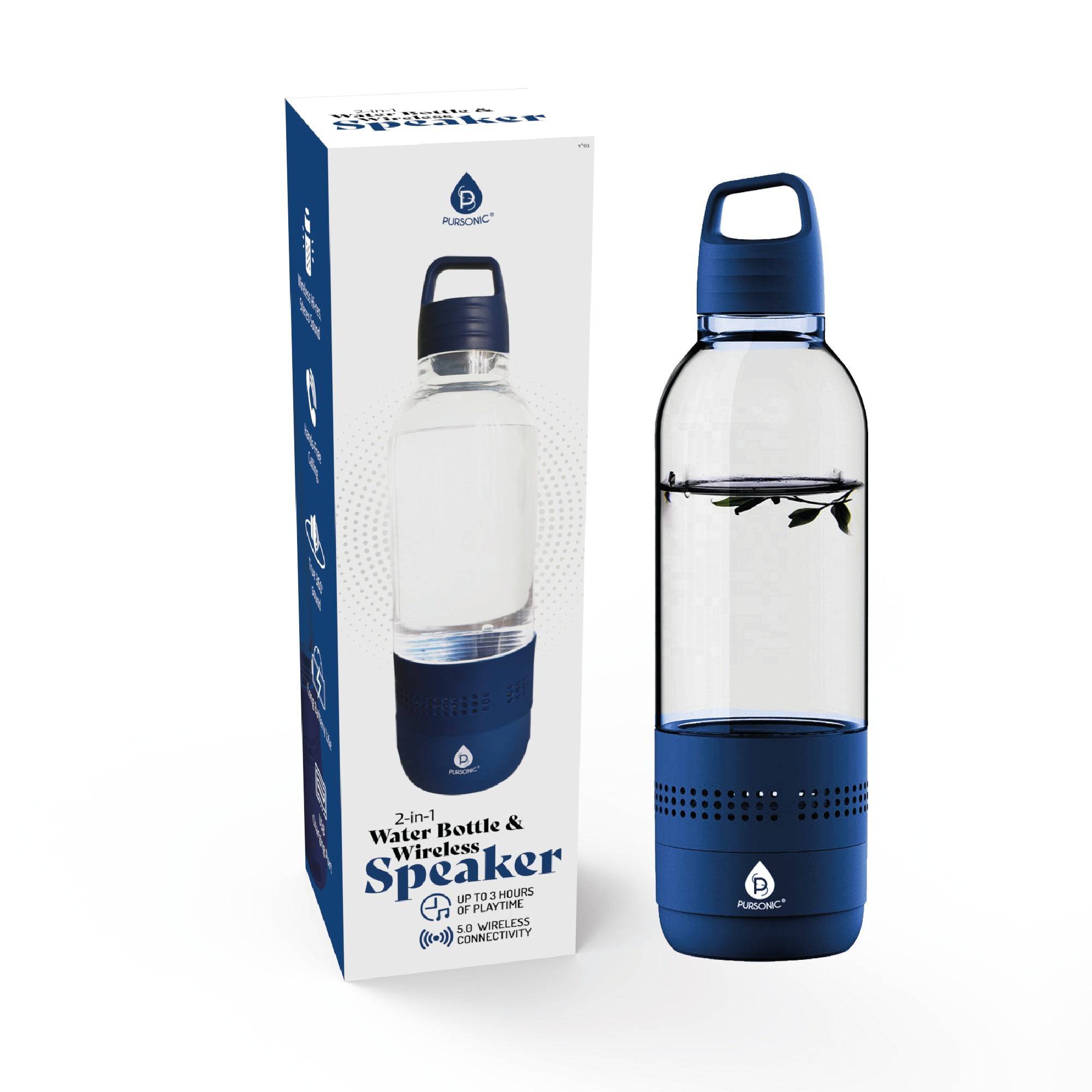Pursonic 2-in-1 water bottle with built-in wireless speaker, showing sleek design and integrated speaker grille.