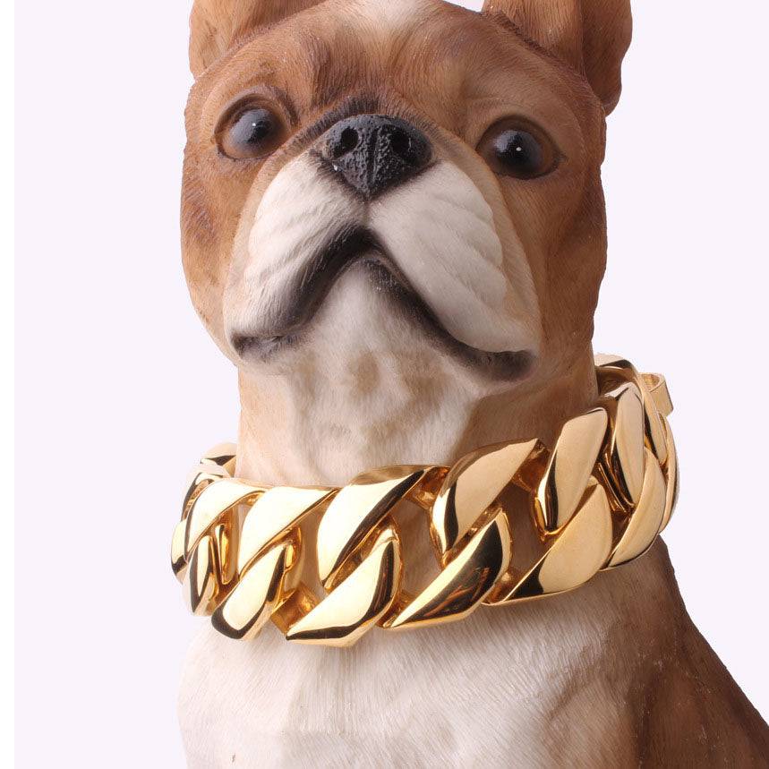 32mm stainless steel dog collar with gold finish for Doberman, Bulldog, and Bully breeds, featuring a durable chain design.