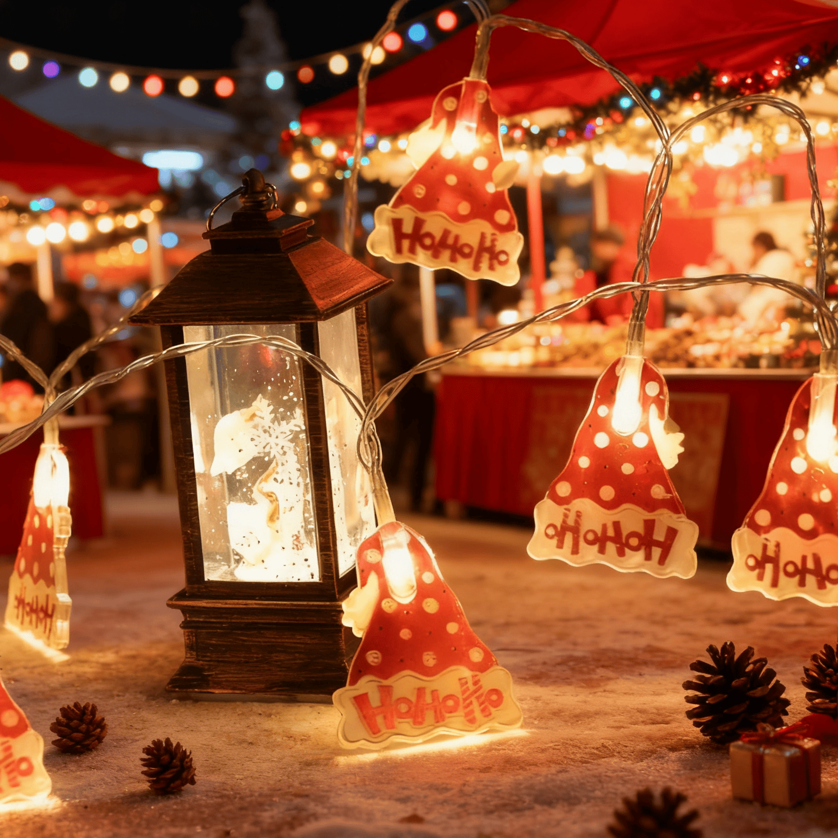 Colorful Christmas hats, string of Christmas lights, and LED light strings, festive holiday decorations by eprolo