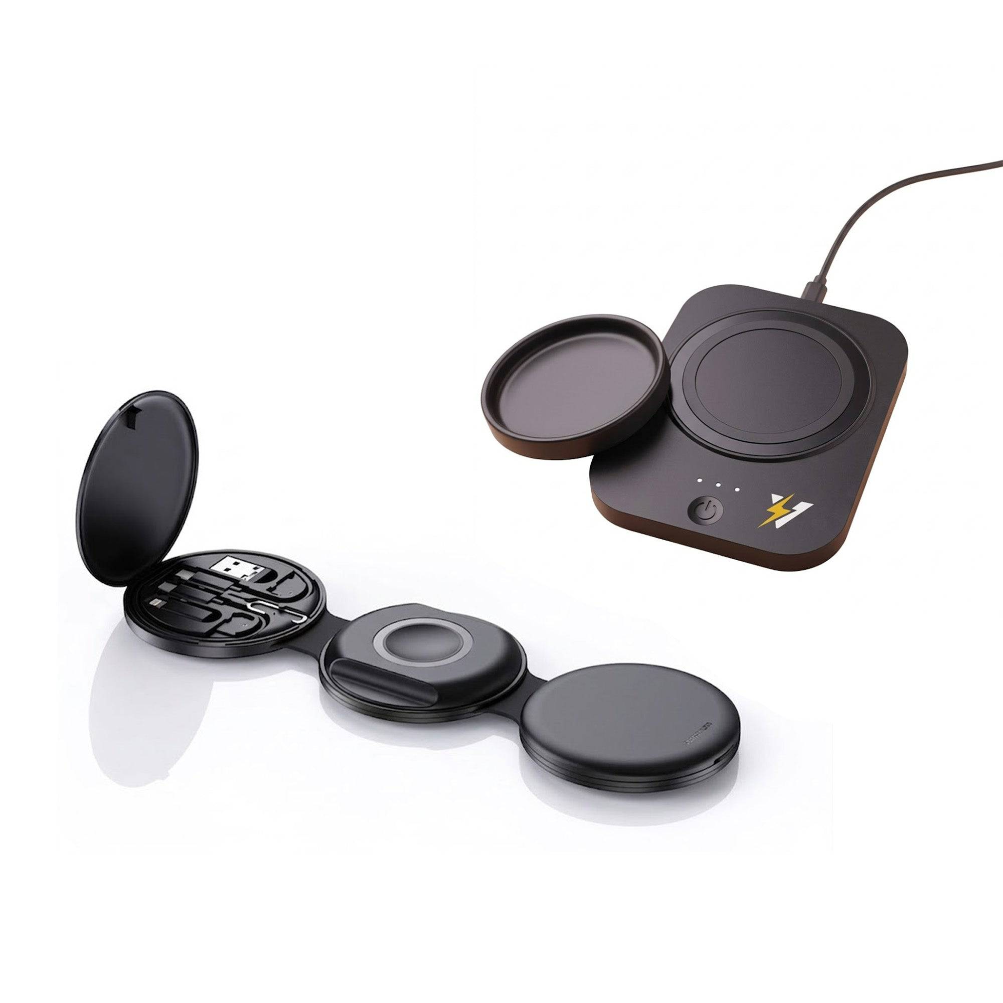Pursonic Sip & Charge 2-in-1 mug warmer and 5-in-1 folding charging station for wireless device charging and comfort.