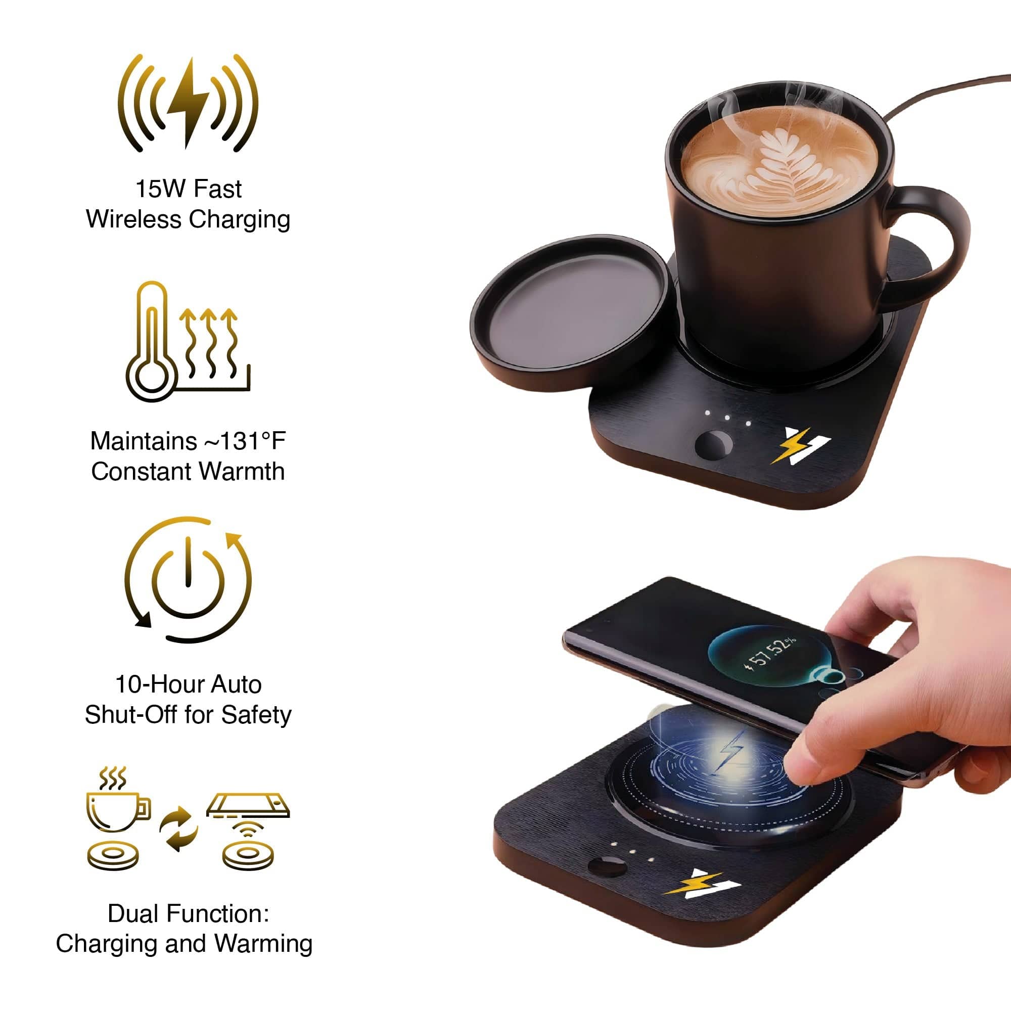 Pursonic Sip & Charge 2-in-1 wireless charger and mug warmer with sleek electronic design on a countertop.