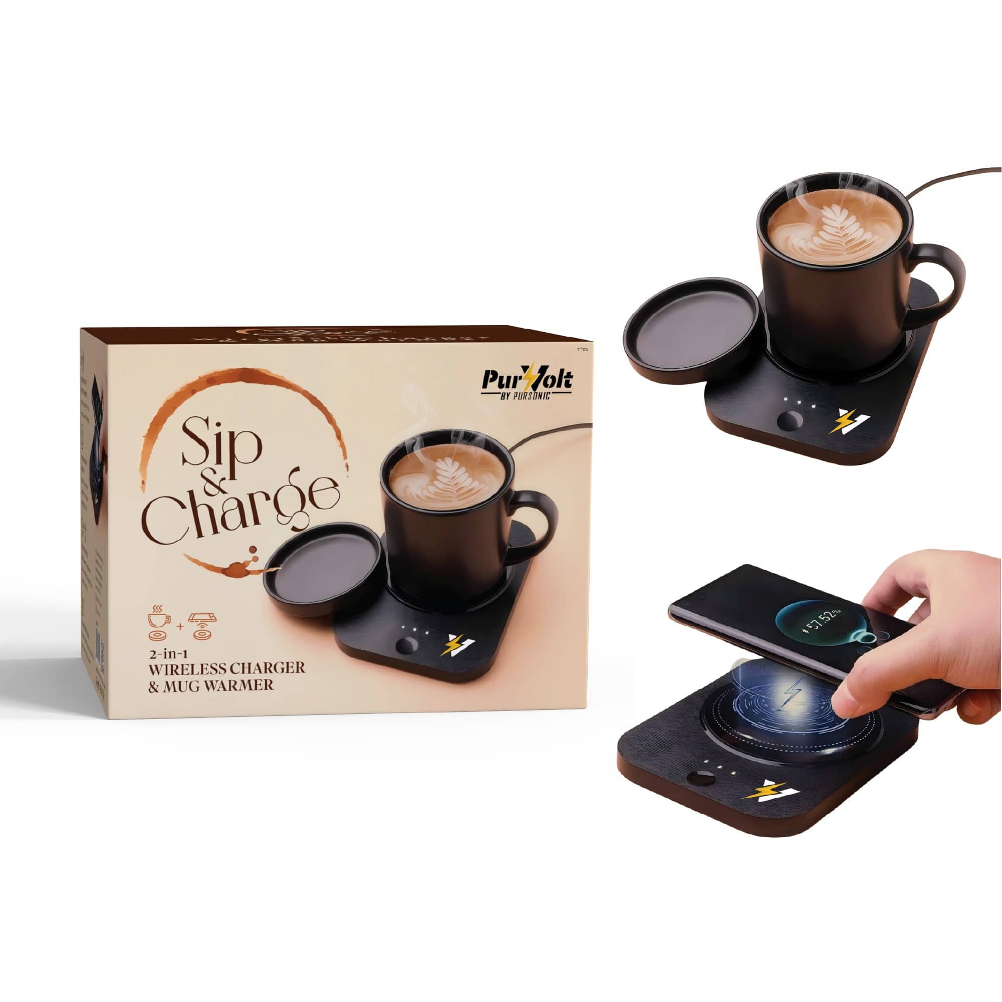 Pursonic Sip & Charge 2-in-1 wireless charger and mug warmer with sleek electronic design and built-in charging pad.