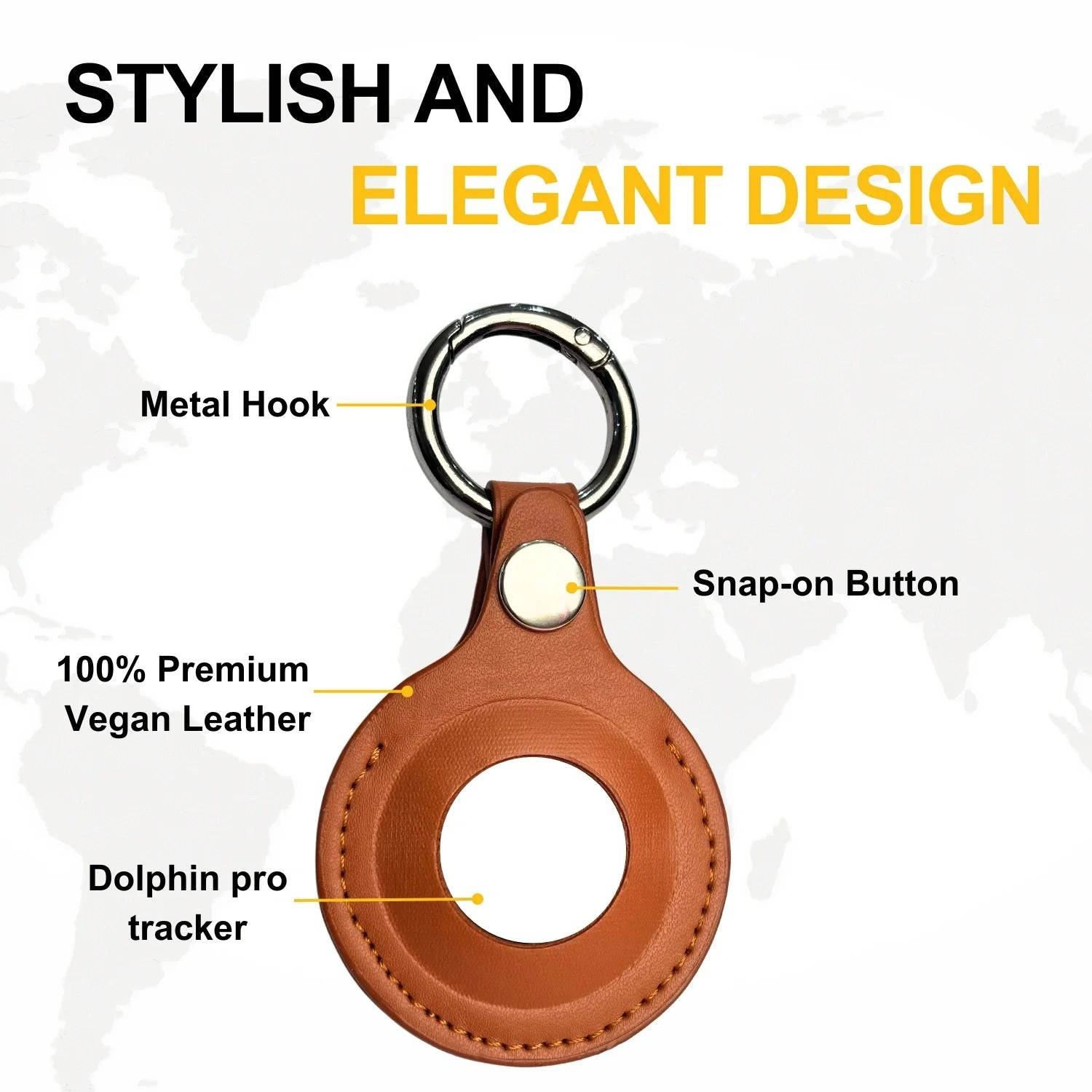 Two Dolphin Smart Tracker Pro cases made of premium vegan leather, shown in a sleek, black design.