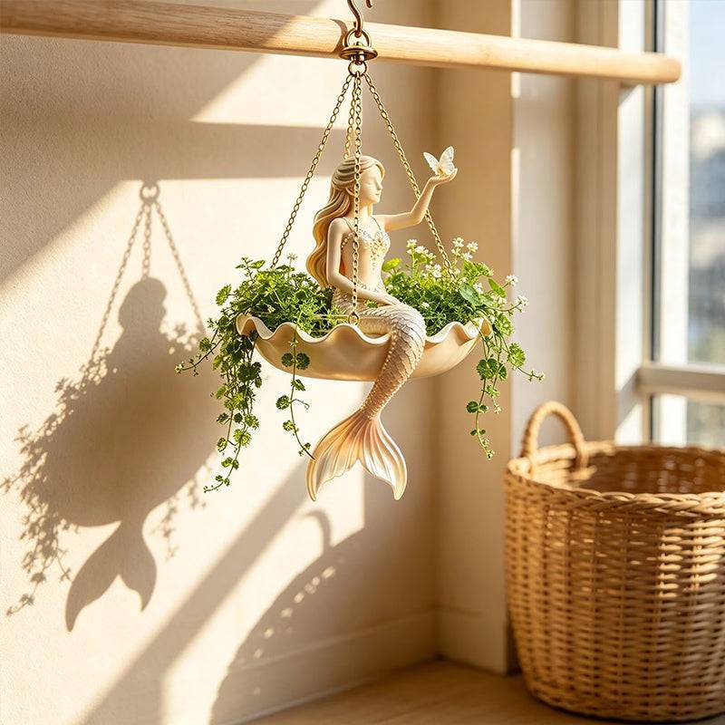 Eprolo resin hanging planter with elegant ballerina design, hand-carved details, UV-resistant outdoor flower pot hanging from a hook.