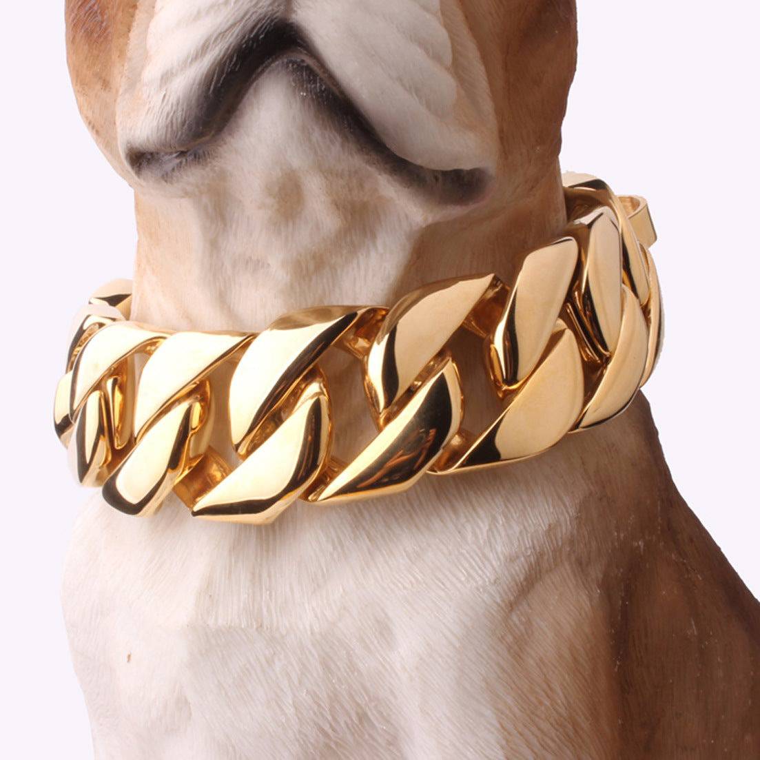 Eprolo 32mm gold stainless steel dog collar and chain for Doberman, Bulldog, and Castro Bully breeds, sturdy and stylish.