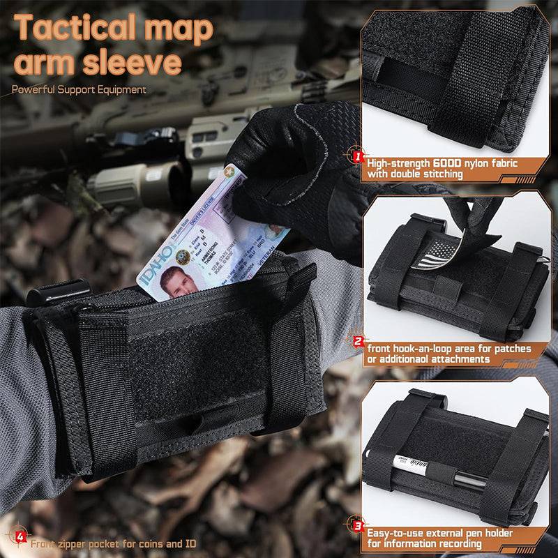 Eprolo tactical arm map holder sleeve worn on arm, designed for holding maps, cards, and notes during field or range activities.