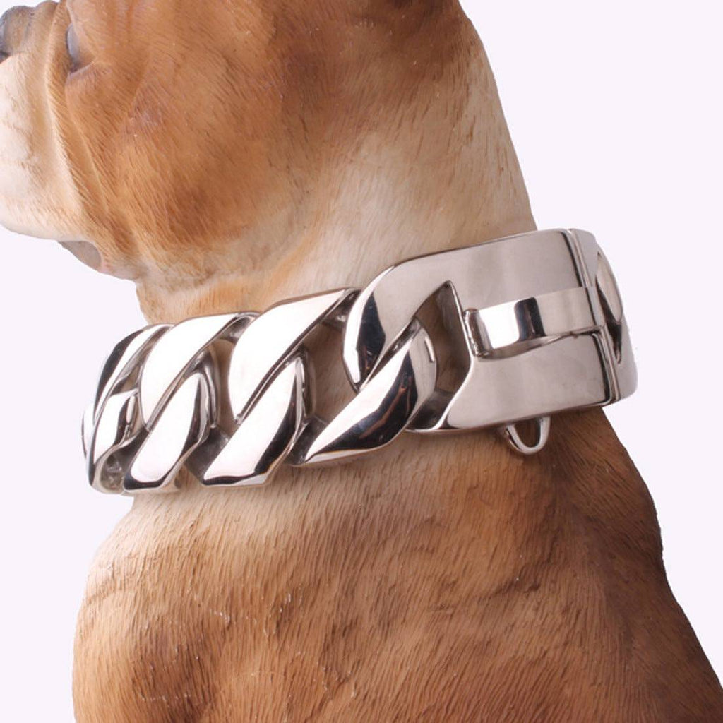 Gold 32mm stainless steel dog collar featuring a sturdy chain design for Doberman, Bulldog, and other large breeds.