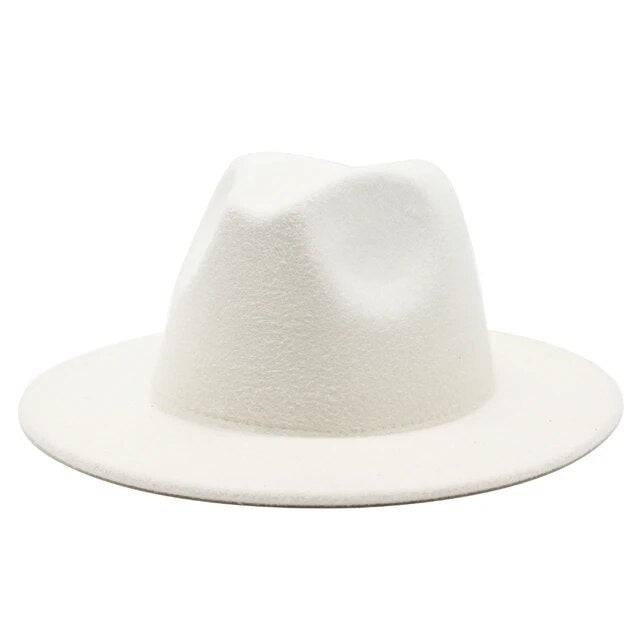 Black and white wool fedora hat with wide brim, crushable design, suitable for men and women, ideal for winter, weddings, and jazz events.
