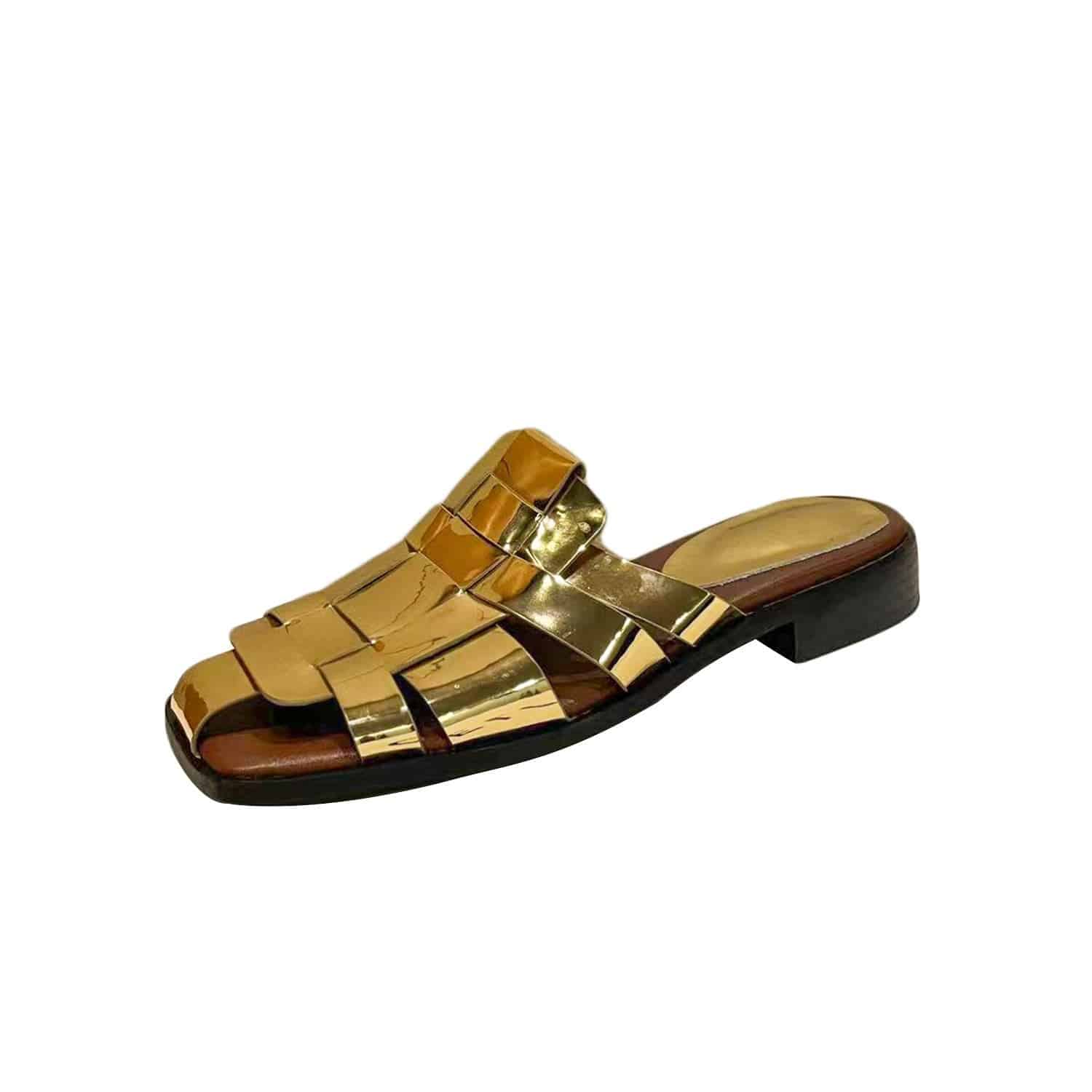 Eprolo golden Roman pig cage cold slippers for women, flat bottom woven hollow head half slippers perfect for summer comfort.