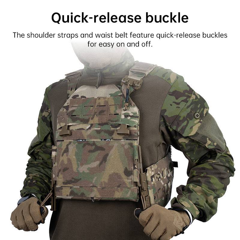 Eprolo tactical plate carrier vest with quick-release feature, MOLLE attachment points, and elastic cummerbund for military-style armor.