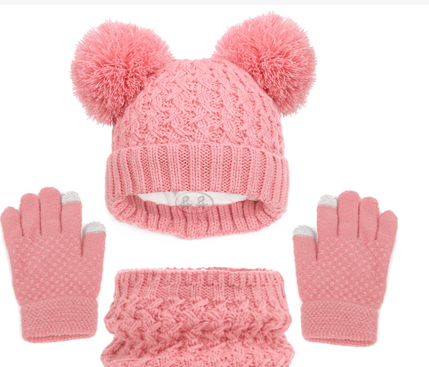Eprolo children's winter hat, scarf, and glove set with plush, thickened double ball baby hats for autumn and winter warmth.