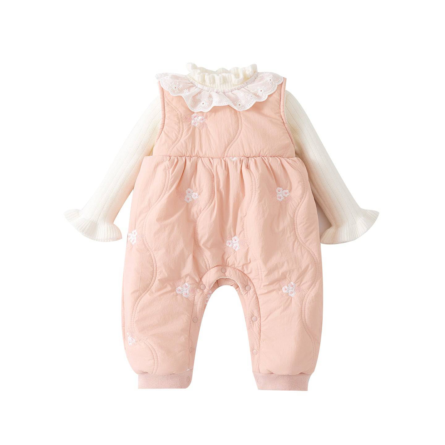 Eprolo fleece-lined thickened baby girls' onesie set with a cozy knit crawling suit and matching two-piece winter knitwear for infants.
