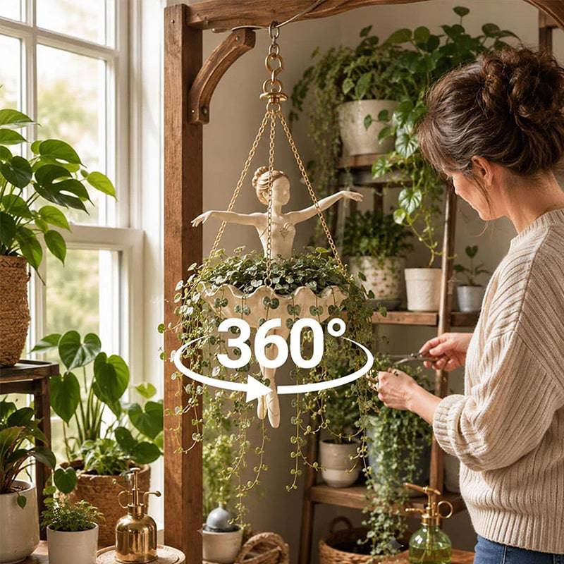 Eprolo resin hanging planter with elegant ballerina design, hand-carved details, UV-resistant outdoor flower pot.