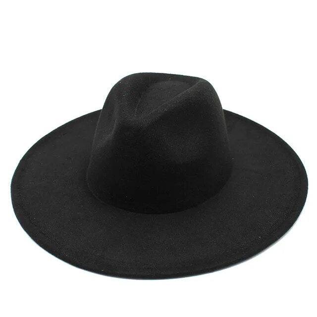Black and white wool fedora hat with wide brim, crushable winter design for men and women, ideal for derby, wedding, or church attire.