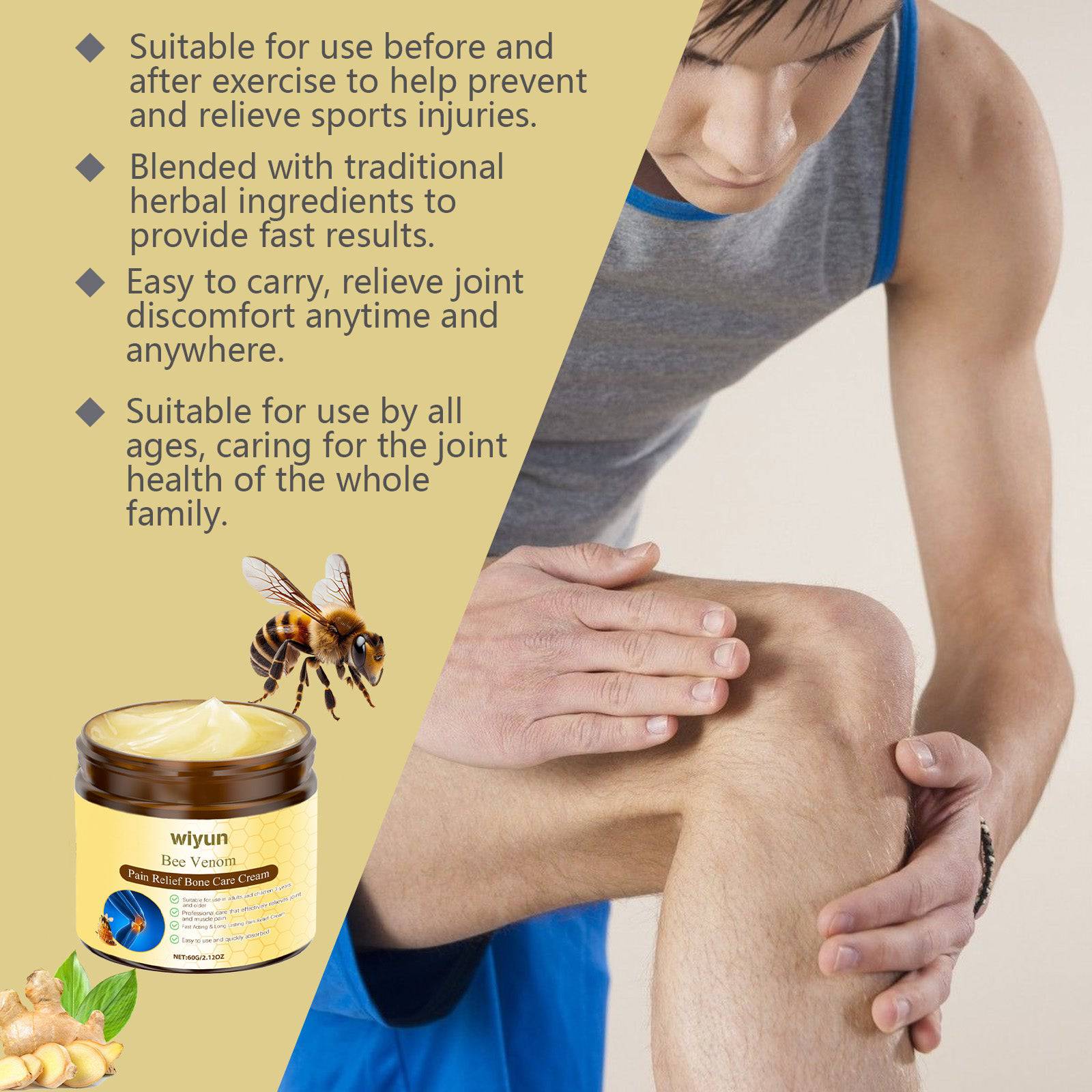 eprolo Wiyun Bee Venom Joint Care Cream with soothing formula, applied to wrist and knee for daily topical pain relief.